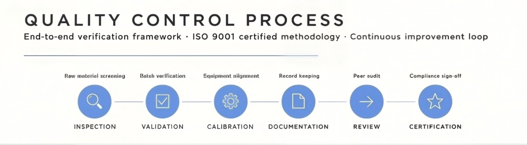 Adult product quality control inspection flow — raw material check, in-process testing, and finished product audit