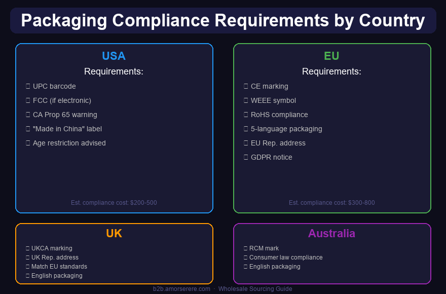 Packaging compliance by country: US (UPC/FCC/Prop65), EU (CE/WEEE/RoHS), UK (UKCA), Australia (RCM)