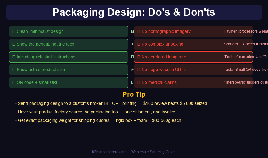Packaging design do's and don'ts: minimalist design, show benefits, no explicit imagery, no gendered language