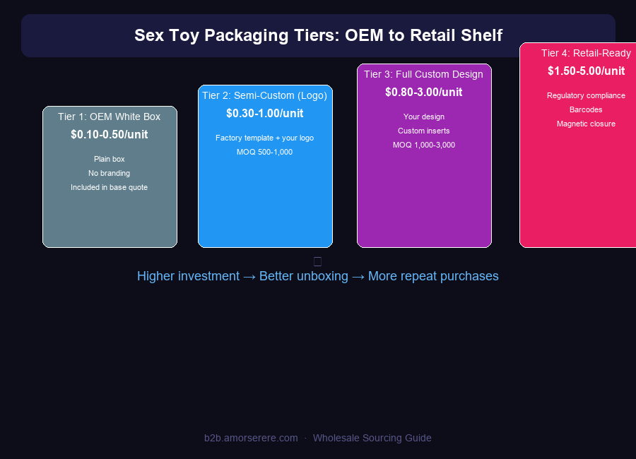 Sex toy packaging tiers: OEM white box $0.10-0.50, logo-only $0.30-1.00, full custom $0.80-3.00, retail-ready $1.50-5.00 per unit