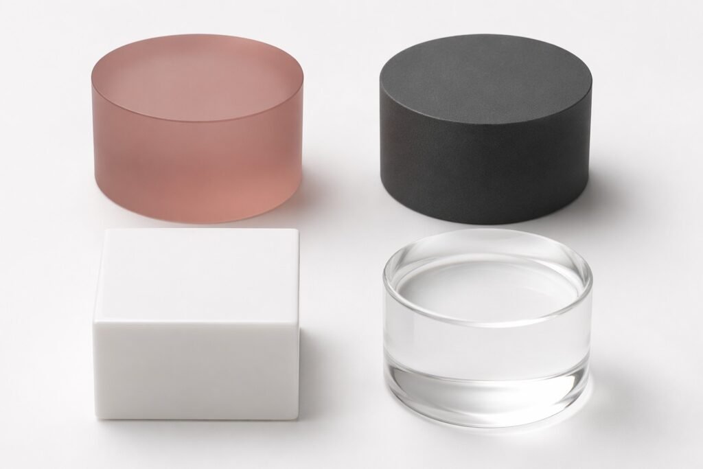 Adult toy materials comparison: silicone, TPE, ABS, and glass samples arranged in grid for B2B buyers guide