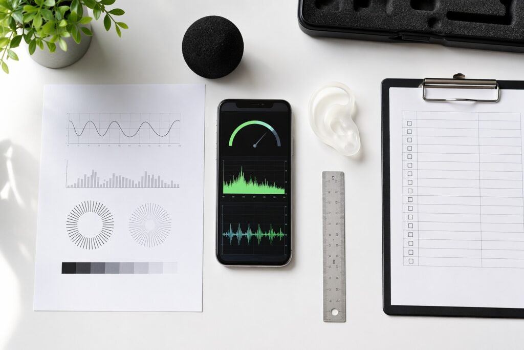 Quality control sample testing workspace with decibel meter, checklist, and adult toy sample for B2B buyers