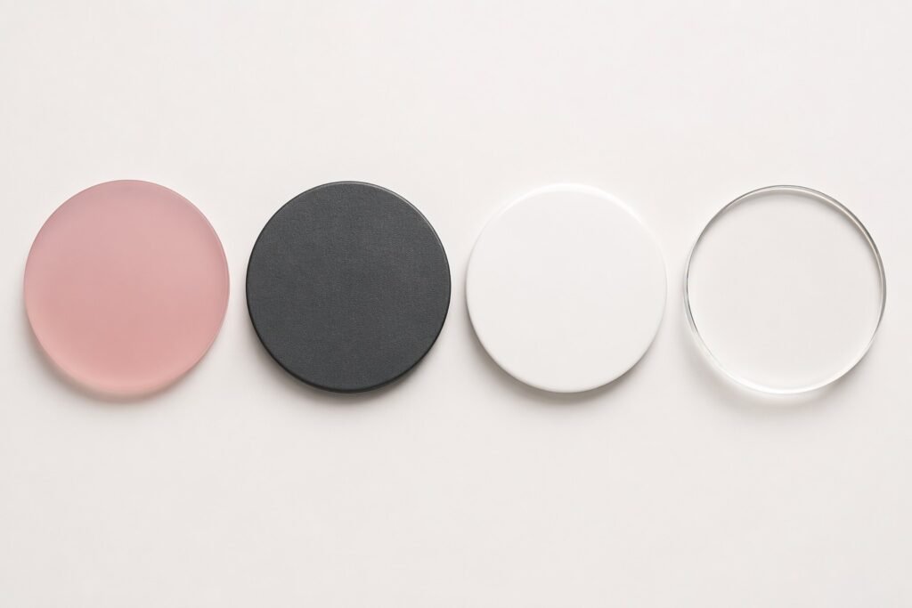 Side-by-side comparison of four sex toy materials: silicone, TPE, ABS plastic, and glass discs for wholesale buyers