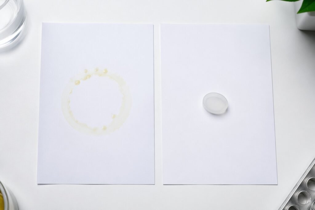 Oil bleed test comparison: TPE material leaves oil stain on paper while silicone sample shows no residue