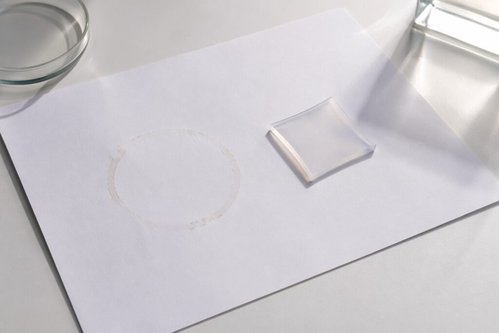 Material quality test: oil bleed stain on white paper next to clean silicone sample showing no residue
