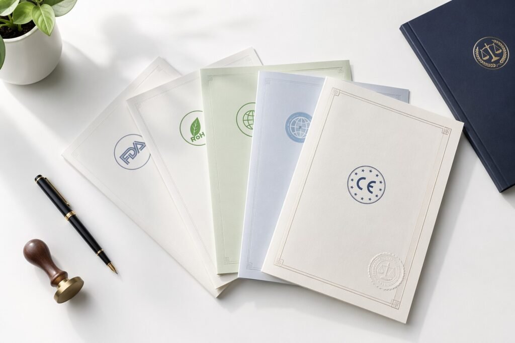 Compliance certification documents showing CE, FDA, RoHS, and REACH badges for adult toy import requirements