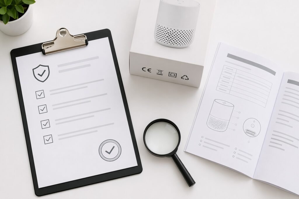 Compliance documentation review with CE marking, user manual, and quality checklist for sex toy import