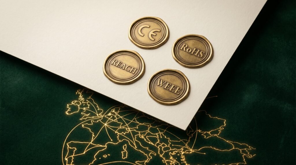 Four golden EU certification seals CE, RoHS, REACH, WEEE on compliance document—European import regulations for adult wellness products