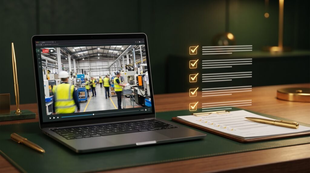 Laptop screen showing live factory video call with checklist on desk—remote supplier verification for B2B import