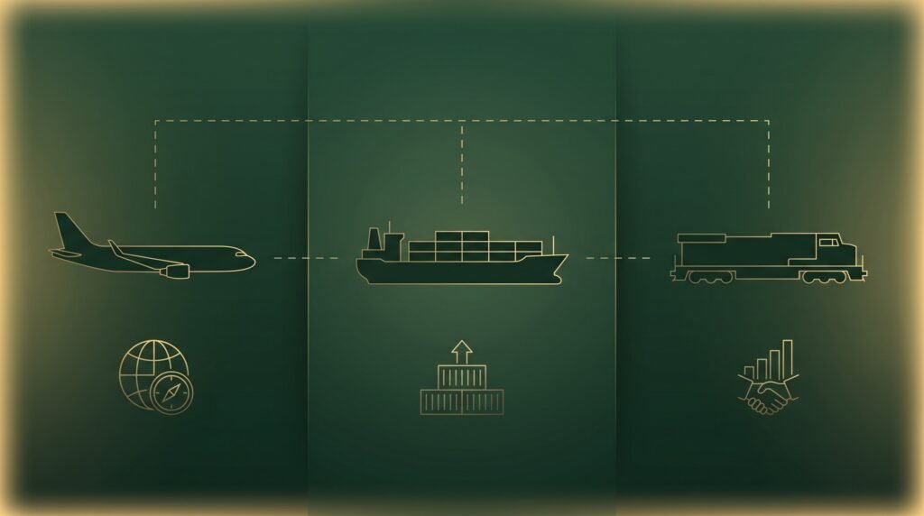 Cargo plane, container ship, and freight train silhouettes comparing international shipping methods for B2B import from China