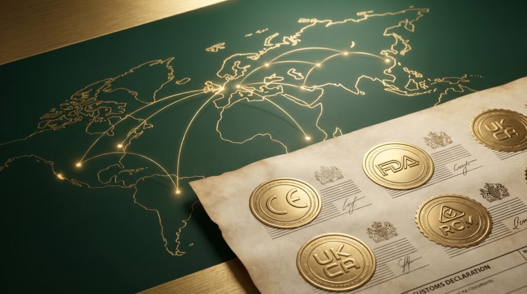 Official certification marks CE, FDA, UKCA, RCM on customs document—international trade compliance for adult product imports