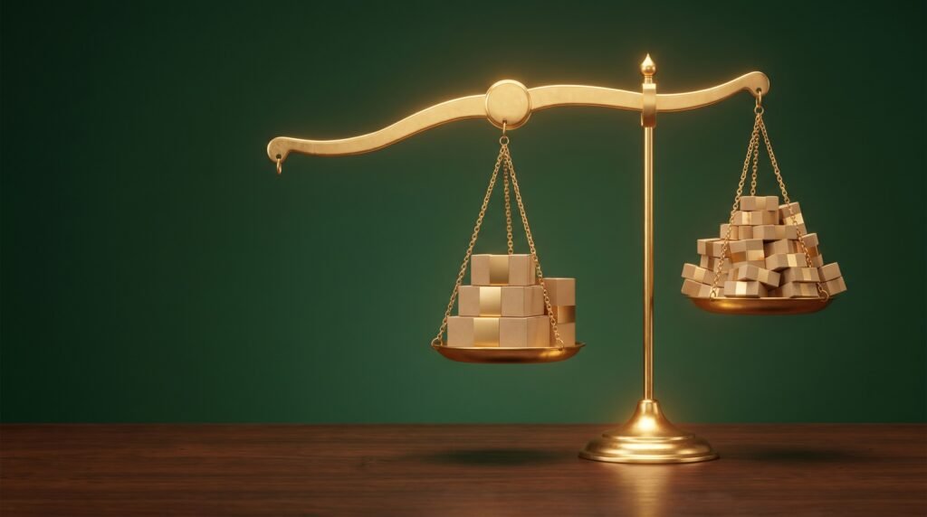 Small stack of product boxes balanced against larger stack on golden scale—the economics of minimum order quantity and small batch manufacturing