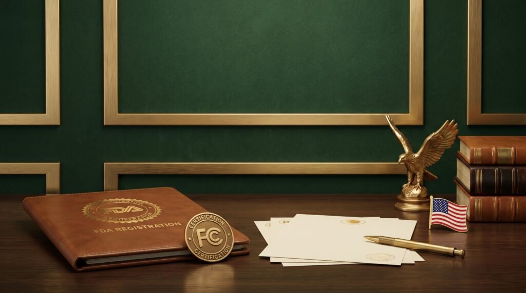 FDA registration document and FCC certification emblem on desk—US import compliance guide for adult wellness products